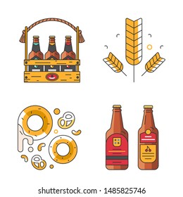 Collection of vector icons in linear style for oktoberfest beer festival in germany. Wooden box with beer bottles, bagel and pretzel isolated. Pub elements flat outline illustrations.