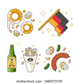Collection of vector icons in linear style for oktoberfest beer festival in germany. Celebration flag, beer snacks with bottle isolated. Pub elements flat outline illustrations.
