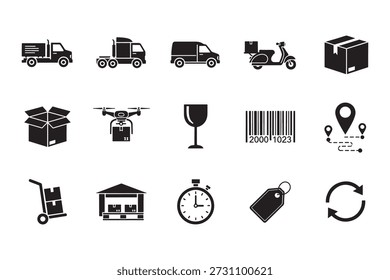 Una colección de iconos vectoriales para la logística y la entrega, con camiones, drones, embalaje, escaneo de códigos de barras y seguimiento de ubicación. Este conjunto es ideal para las empresas en el envío, la gestión de la cadena de suministro y el comercio electrónico, que ofrece iconos para varios métodos de entrega, seguimiento de inventario y sistemas de transporte