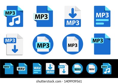 Collection of vector icons for music. File format extensions icons. MP3, WAV. Circle buttons. flat design style