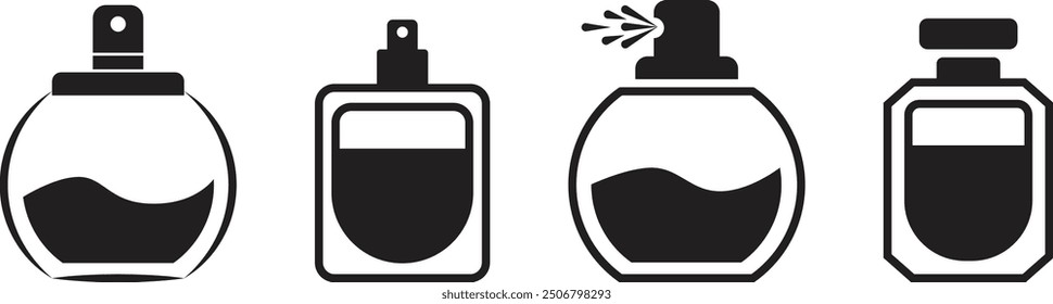 Colección de iconos vectoriales de envases de perfume en spray con diferentes Formas. Ilustración vectorial