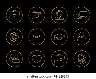 Collection of vector icons for personal branding, curriculum vitae or business card use, outline in gold gradient.