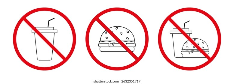 Coleção de ícones vetoriais de alimentos e bebidas proibidos ou não permitidos.