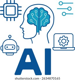 A collection of vector icons related to artificial intelligence and technology. Includes elements such as AI brain circuits, robots, neural networks, smart devices, machine learning diagrams, and digi