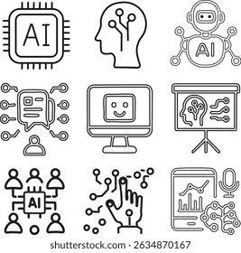 Eine Sammlung von Vektorsymbolen, die sich auf künstliche Intelligenz und Technologie beziehen. Umfasst Elemente wie KI-Gehirnschaltkreise, Roboter, neuronale Netzwerke, intelligente Geräte, maschinelle Lerndiagramme und digi