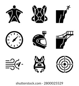 Collection of vector icons related to extreme sports and base jumping, featuring gear, equipment, and activities, isolated on white background.