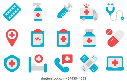 Collection of Vector Icons Related to Health. Contains Icons like Pills, Injection, Ambulance, Bad hospital, Report, Medicine and more.