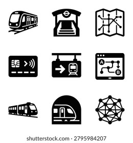 A collection of vector icons related to public transportation, featuring trains, subway stations, transit maps, payment methods, and network connectivity.
