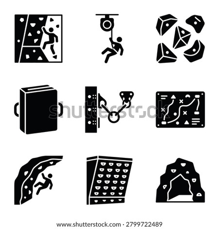 Collection of vector icons related to rock climbing and bouldering, featuring climbing walls, safety gear, route maps, and training equipment.