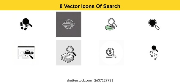 A collection of vector icons related to the "Search" function. Includes different magnifying glass icons, with various representations of searching, exploration, and analysis across multiple designs