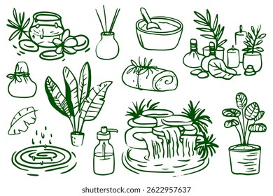 Collection of vector icons related to spa, wellness, and aromatherapy. Features symbols of massage, skincare, meditation, and herbal treatments. Ideal for health and beauty design projects.