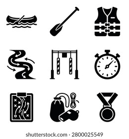 A collection of vector icons related to water sports, rafting, and competitive kayaking, featuring equipment, safety gear, and competition elements.