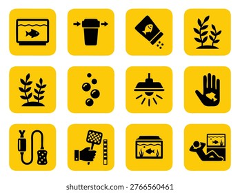 Collection of vector icons representing aquarium care and maintenance equipment and activities.