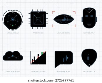 Uma coleção de ícones vetoriais que representam inteligência artificial, análise de dados, armazenamento em nuvem e ferramentas de aprendizagem automática em um layout simples e moderno destinado a projetos relacionados à tecnologia.
