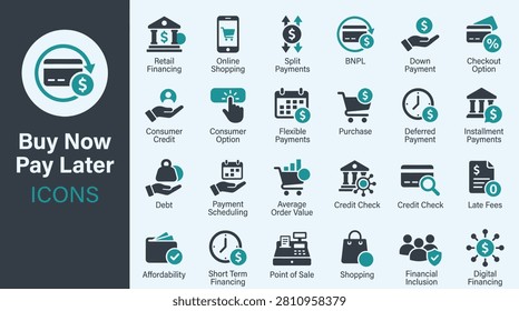 A collection of vector icons representing buy now pay later services, online shopping, finance, and payment methods for modern digital business websites.