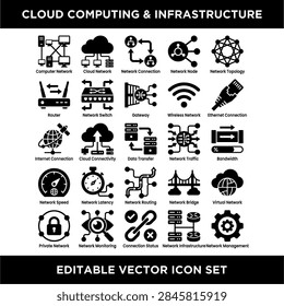 Collection of vector icons representing cloud computing infrastructure components and services