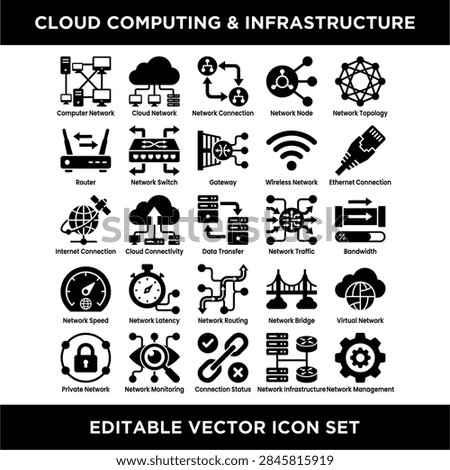 Collection of vector icons representing cloud computing infrastructure components and services