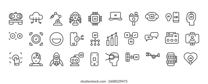 Collection of Vector Icons Representing Concepts in Artificial Intelligence and Digital Innovation Design Elements