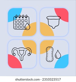 Collection of vector icons representing critical days. Menstruation, menstrual cycle, period. Neomorphism style. Vector line icon