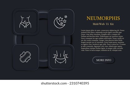 Collection of vector icons representing critical days. Menstruation, menstrual cycle, period, cramps, pain, PMS. Neomorphism style. Vector line icon