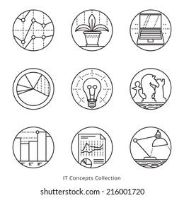 Collection of vector icons,  representing different information technology concepts, such as data visualization, strategy, growth, research, branding, communication. Logo templates.