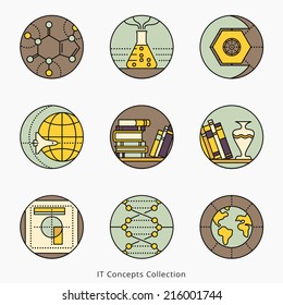 Collection of vector icons,  representing different information technology concepts, such as data visualization, strategy, growth, research, branding, communication. Logo templates.