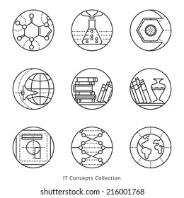 Collection of vector icons,  representing different information technology concepts, such as data visualization, strategy, growth, research, branding, communication. Logo templates.