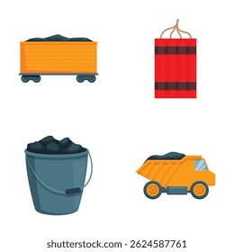 Coleção de ícones vetoriais que representam elementos normalmente utilizados na mineração e transporte de carvão