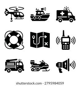 A collection of vector icons representing emergency and rescue services, featuring various vehicles and equipment used by first responders and search teams.