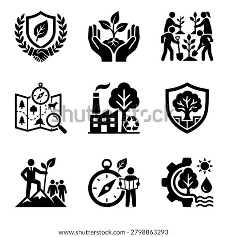 Collection of vector icons representing environmental protection, ecology, reforestation, nature conservation, and sustainable development concepts.