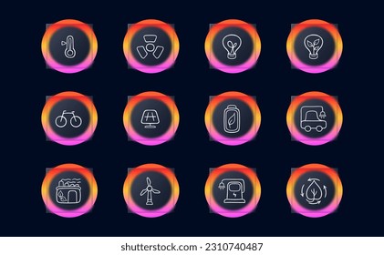Colección de iconos vectoriales que representan energía ambientalmente limpia. Energía renovable, sostenibilidad, energía verde. Estilo neomorfista. Icono de línea de vector