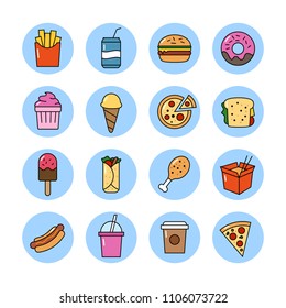 Collection of vector icons representing fast food, junk food, unhealthy eating.