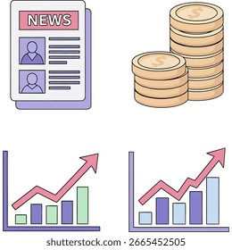 A collection of vector icons representing financial news, investment, and economic growth with charts and money.