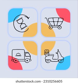 Collection of vector icons representing food delivery. Delivery bag, restaurant, food truck, scooter. Neomorphism style. Vector line icon