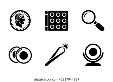 A collection of vector icons representing the hobby of numismatics, including antique coins, a magnifying glass, tweezers, and display albums.