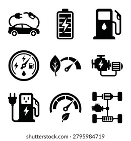 Collection of vector icons representing hybrid and electric vehicle technology, charging infrastructure, energy efficiency, and powertrain systems.