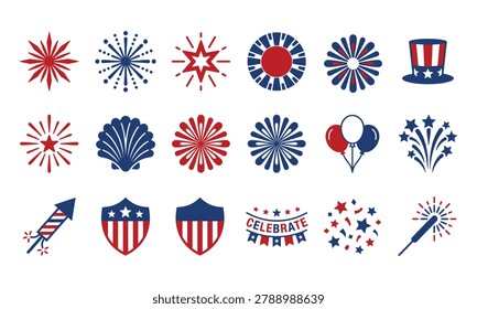 Collection of vector icons representing Independence Day celebrations, including fireworks, stars, stripes, and patriotic American imagery.
