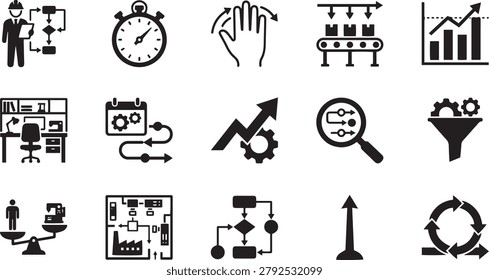 Collection of vector icons representing industrial engineering and manufacturing processes