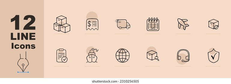 Colección de iconos vectoriales que representan el transporte internacional. Globo, avión, barco de carga. Fondo de color Pastel. Icono de línea de vector