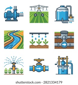 Collection of vector icons representing irrigation systems water pumps sprinklers pipes valves and agricultural water infrastructure
