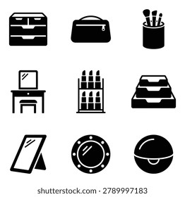 Collection of vector icons representing makeup storage, beauty accessories, and vanity furniture, perfect for cosmetic store, salon, or beauty blog design.