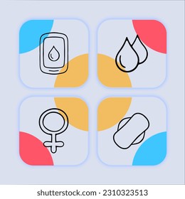 A collection of vector icons representing menstruation, featuring various symbols and illustrations related to menstrual health and hygiene. Neomorphism style. Vector line icon