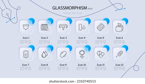 Collection of vector icons representing menstruation. Menstrual cycle, period, menstrual pad, tampon, menstrual cup. Glassmorphism style. Vector line icon