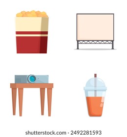 Collection of vector icons representing movie theater items including popcorn, billboard, projector, and a soda drink