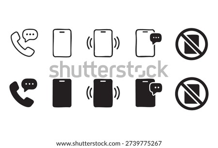 Collection of vector icons representing phone calls messages and Do Not Disturb modes. Includes outline and solid fill styles for versatile design applications.