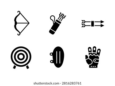 A collection of vector icons representing professional archery equipment, including bows, arrows, quivers, targets, arm guards, and protective gloves.