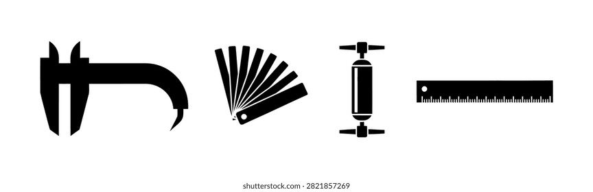 A collection of vector icons representing professional engineering and mechanical measurement tools, including calipers, feeler gauges, and a ruler.