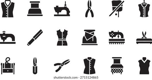 Colección de iconos vectoriales que representan herramientas de costura y confección