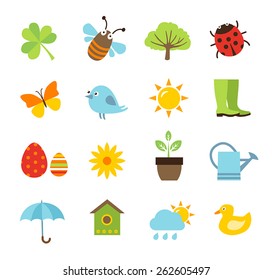 Collection of vector icons representing spring, nature and gardening