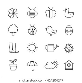 Collection of vector icons representing spring, nature and gardening. Thin lines design style.